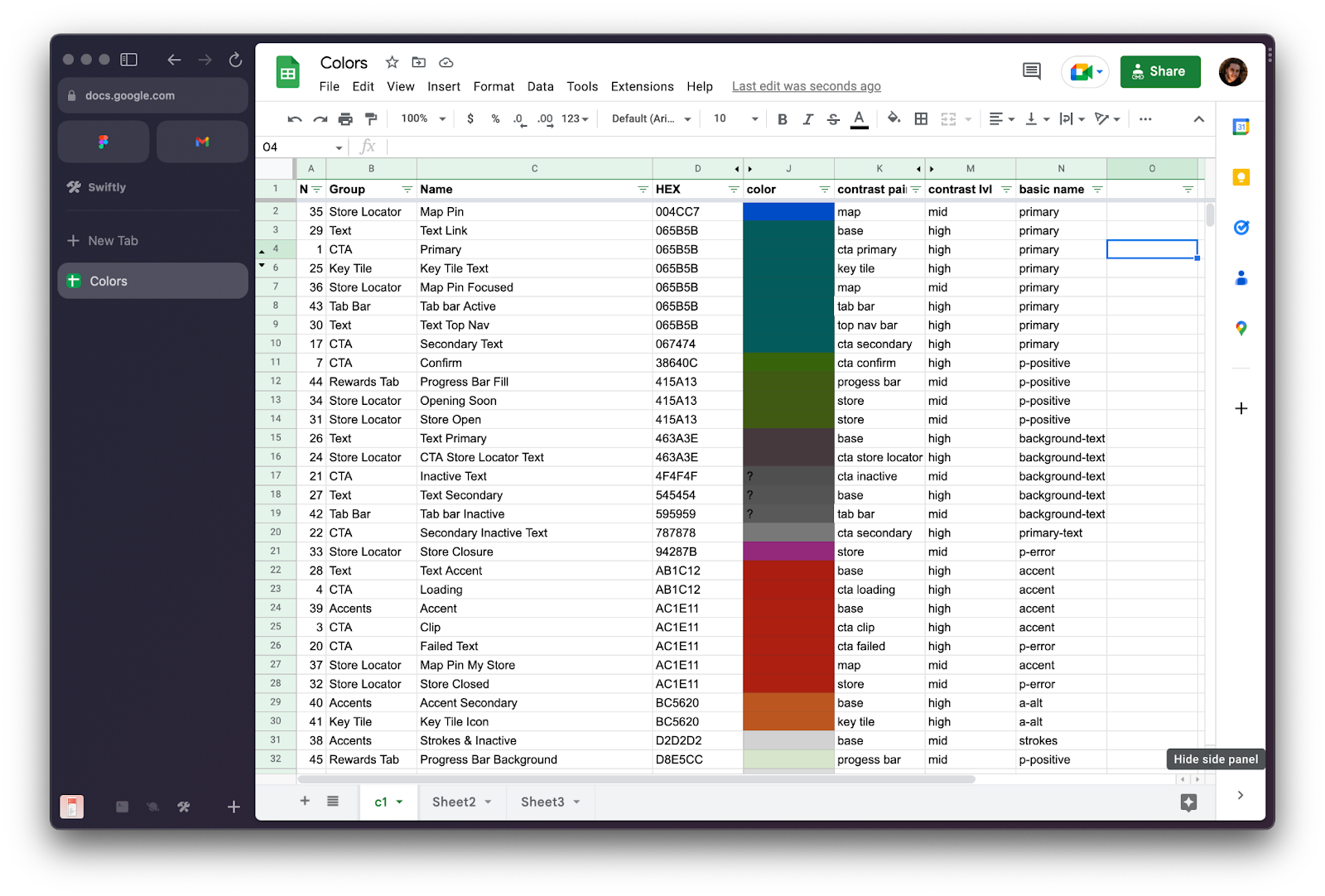 browser screenshot, google sheets, colors sorted
