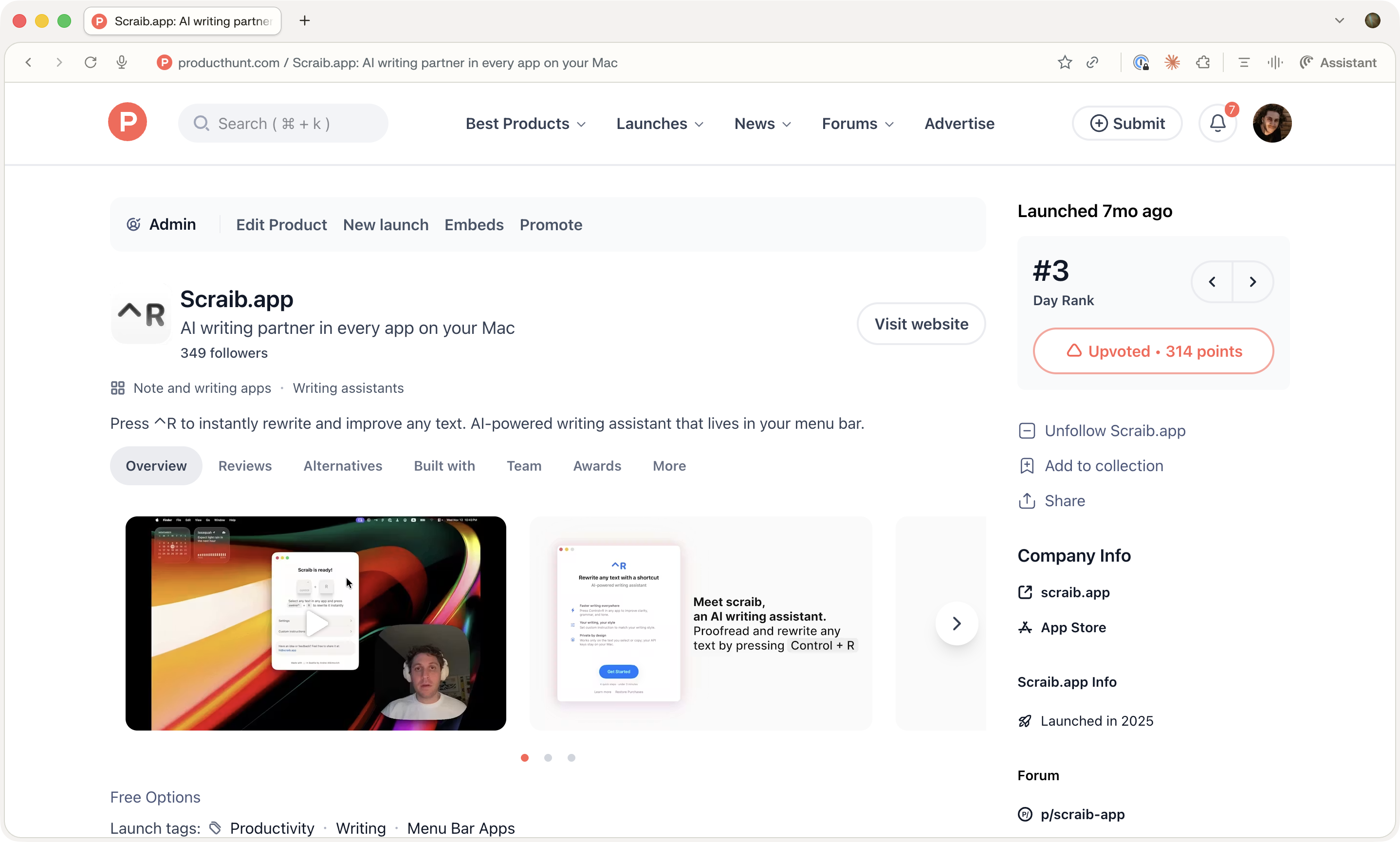 Scraib.app on Product Hunt — #3 product of the day with 314 upvotes