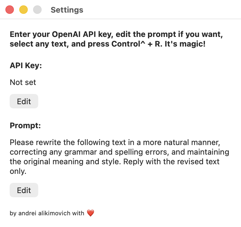 Scraib v1 settings window — bring-your-own OpenAI API key and an editable rewrite prompt