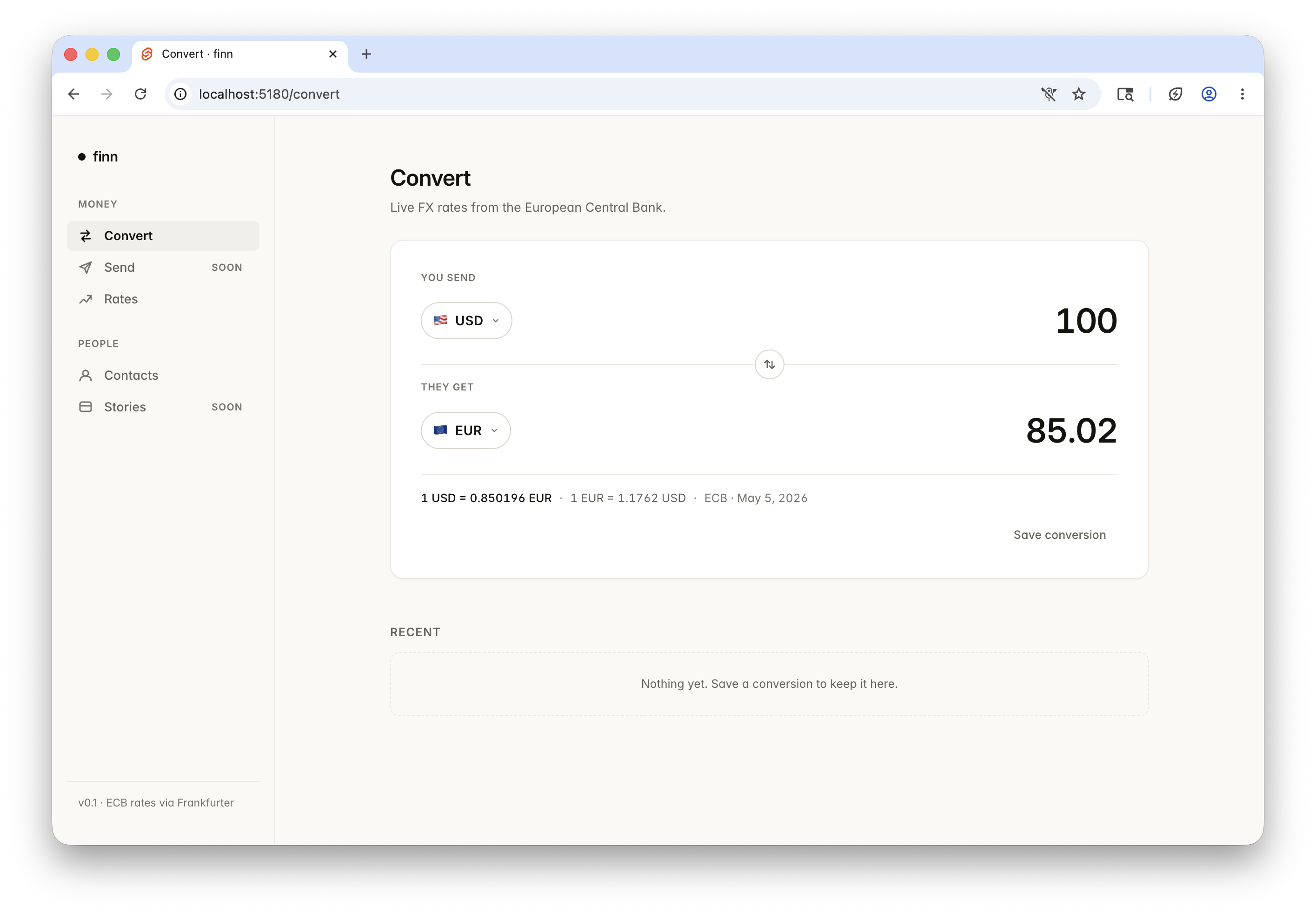 The finn app — a personal-finance mock used as the experiment fixture