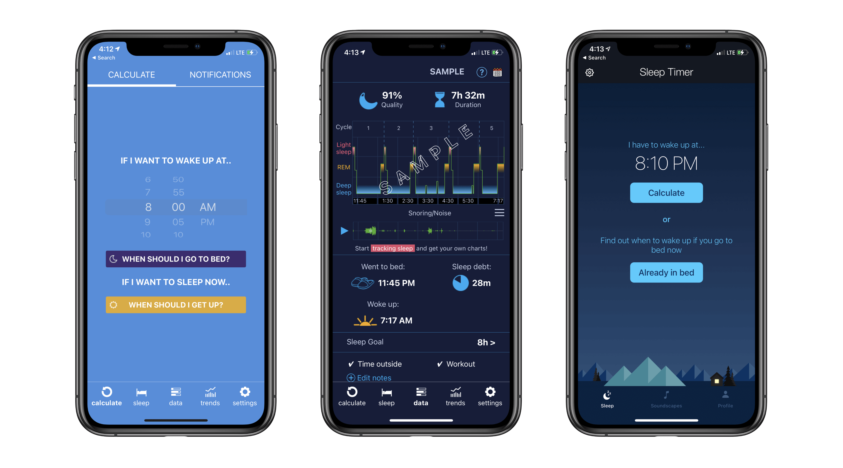 Sleep Calculator Pro (1,2), Sleep Timer (3), app screenshots
