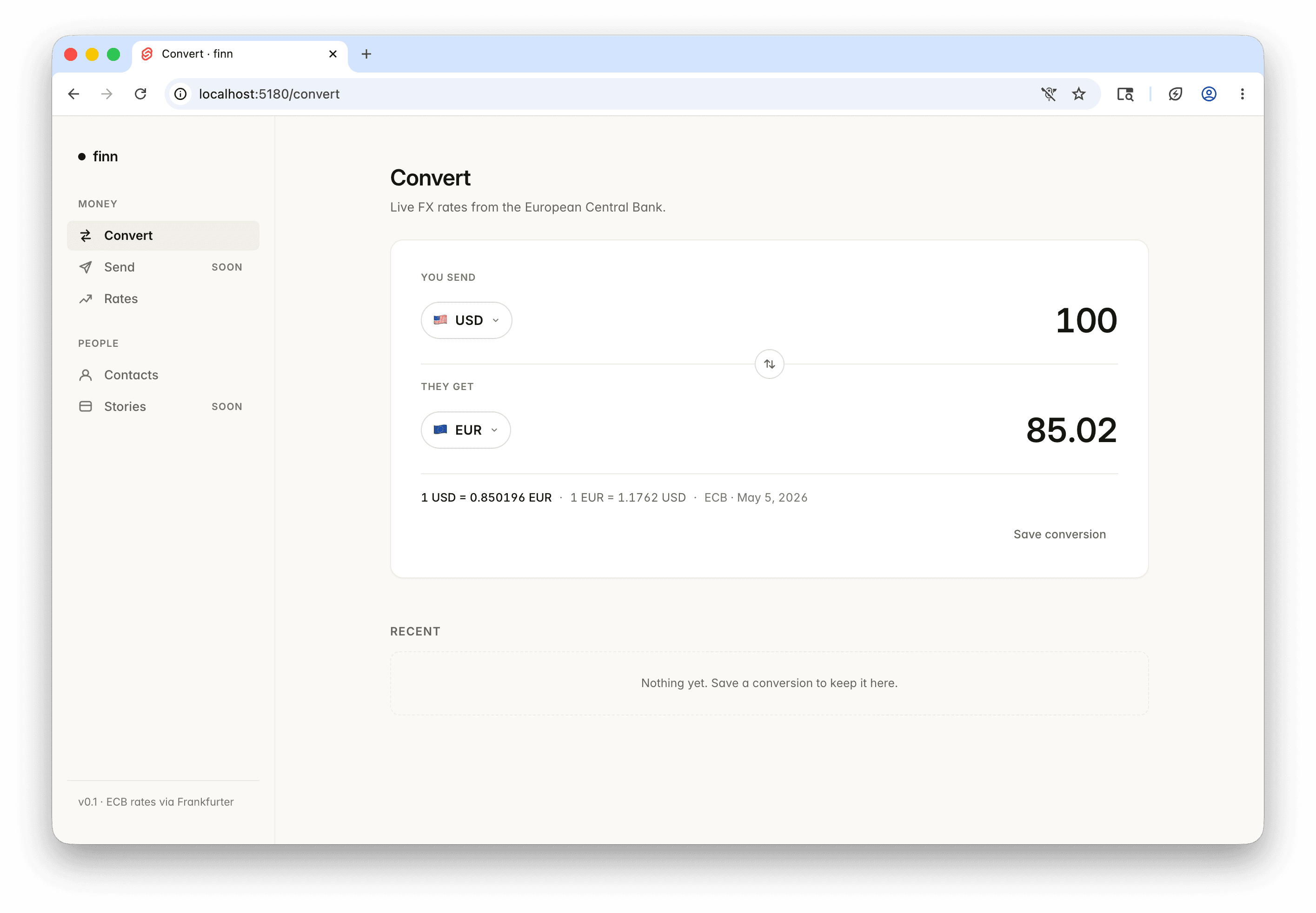 The finn app — a personal-finance mock used as the experiment fixture