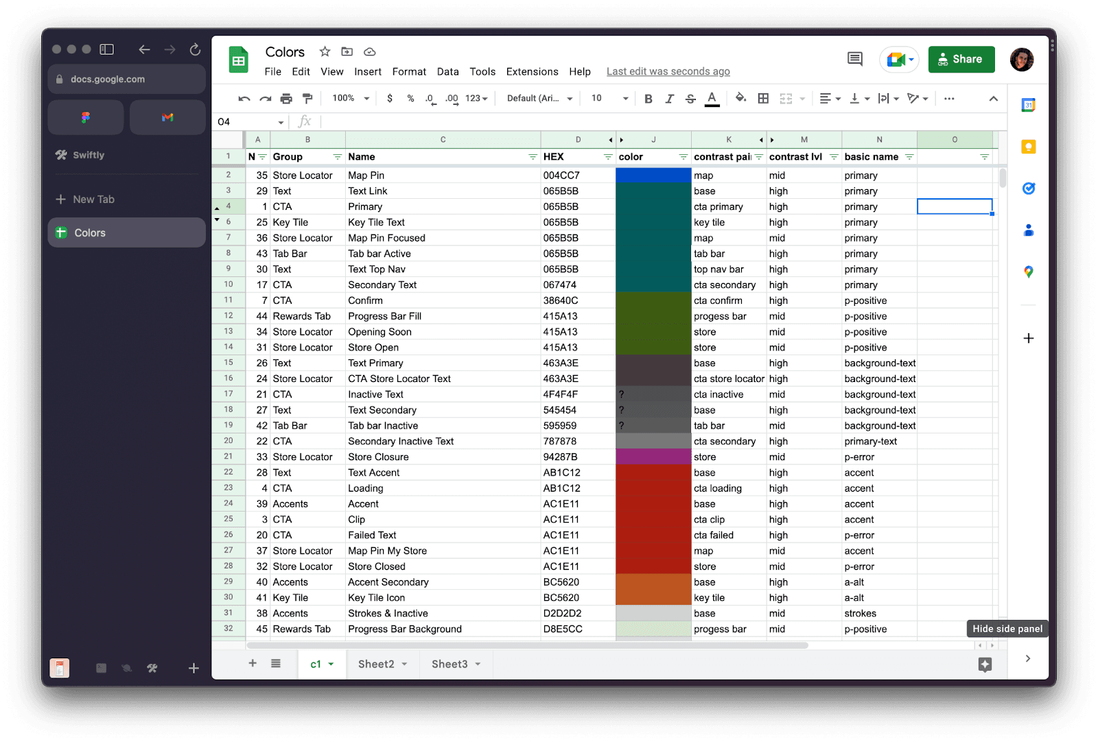 browser screenshot, google sheets, colors sorted