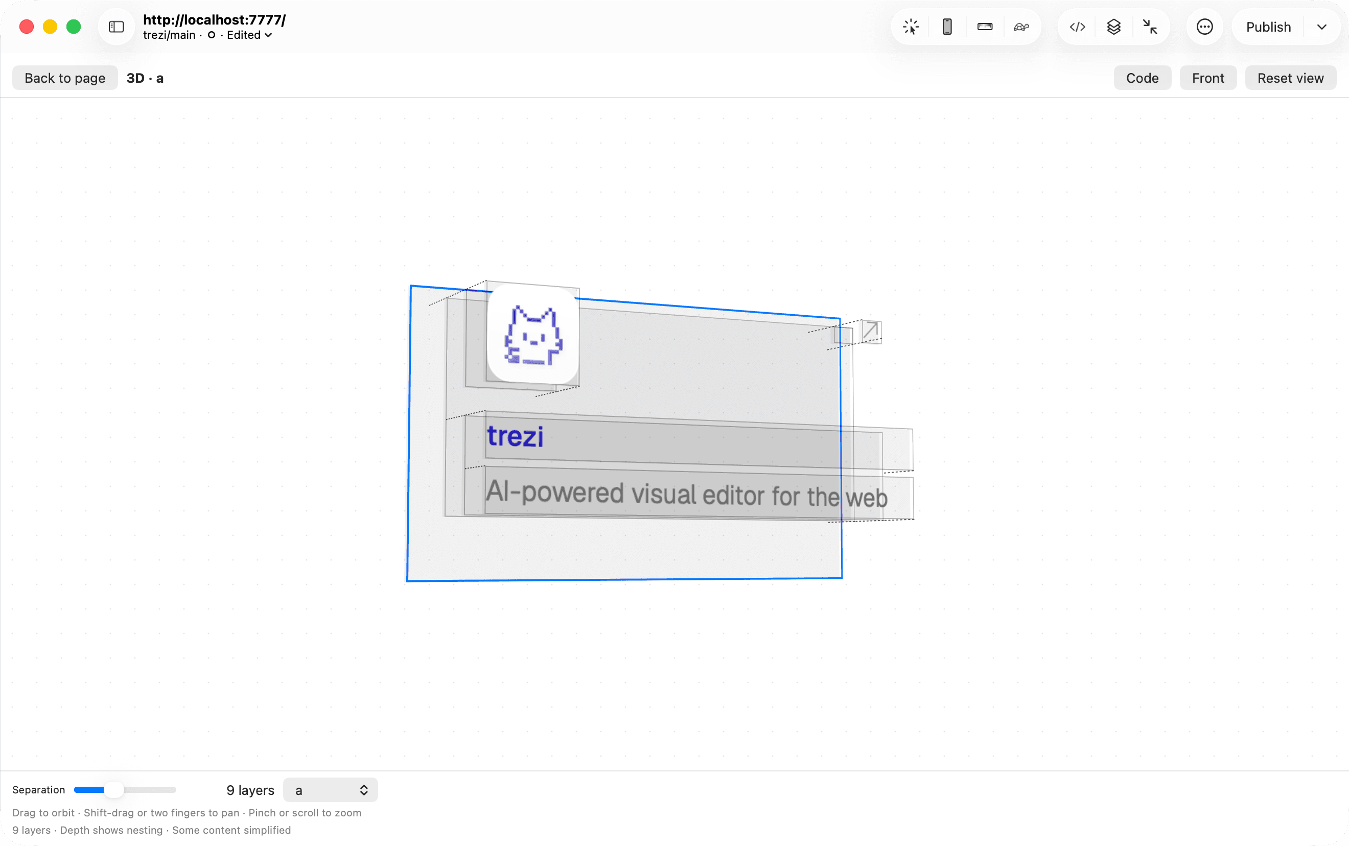Trezi visual editor inspecting a web page in its 3D view