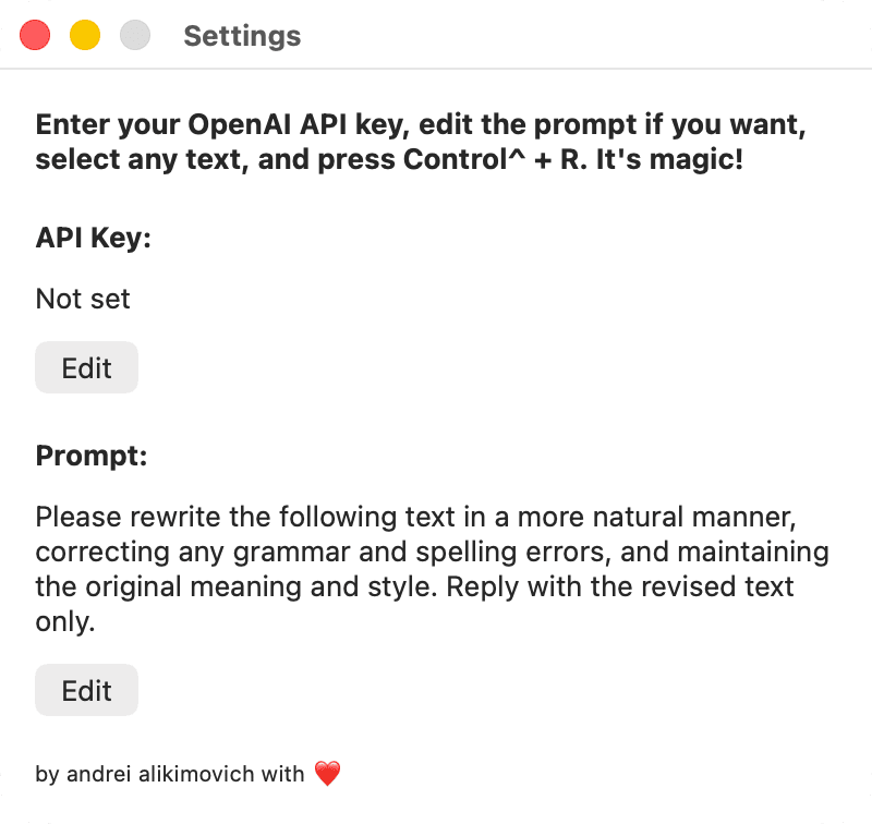 Scraib v1 settings window — bring-your-own OpenAI API key and an editable rewrite prompt
