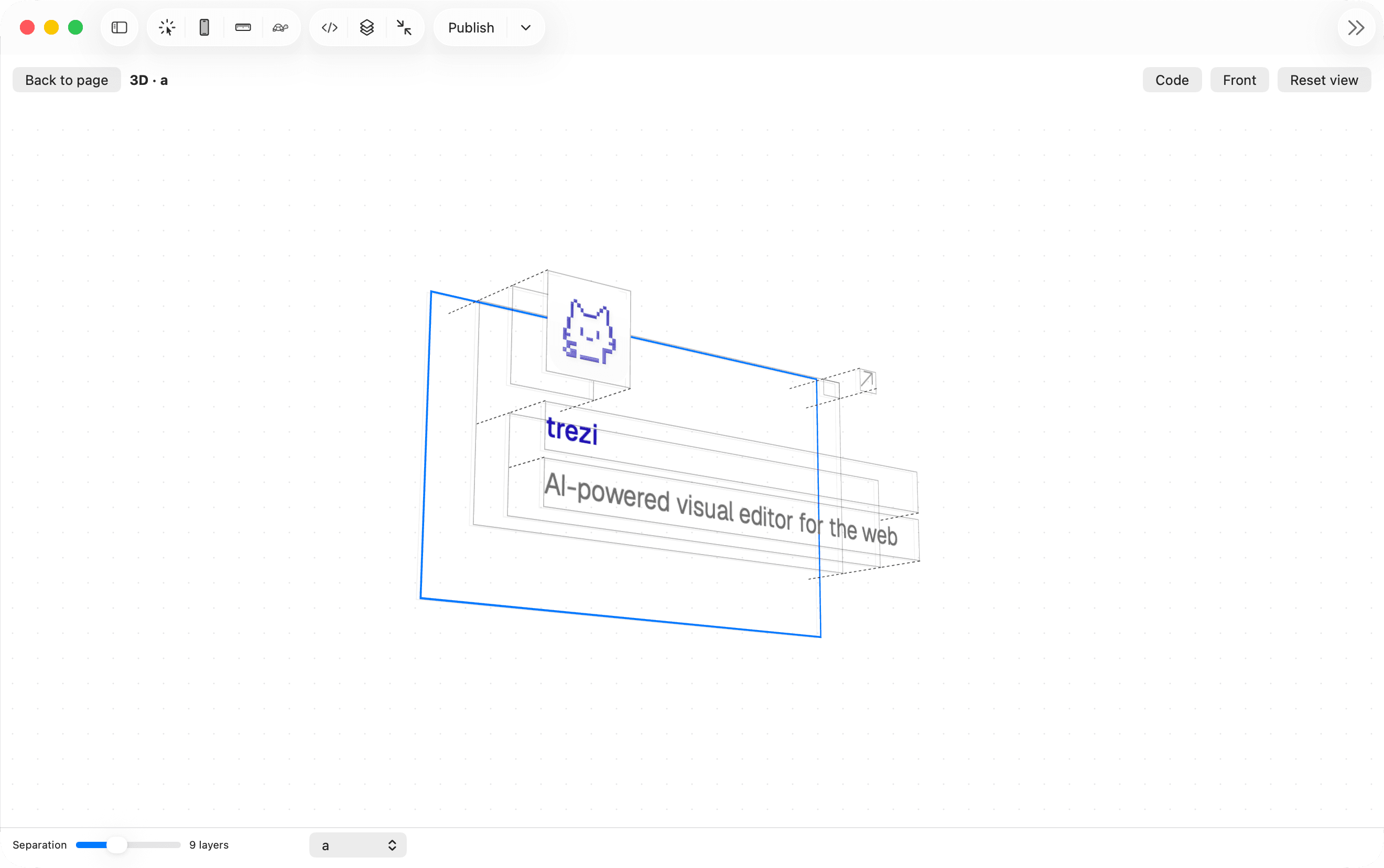 Trezi visual editor inspecting a web page in its 3D view